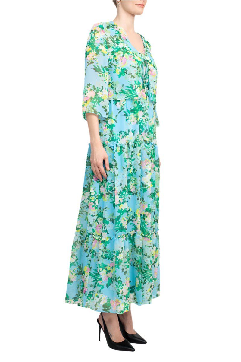 Maison Tara V Neck 3/4 Sleeve Floral Midi Dress with Matching Chiffon Jacket - TURQUOISE MULTI - Side