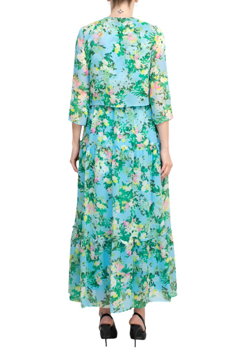 Maison Tara V Neck 3/4 Sleeve Floral Midi Dress with Matching Chiffon Jacket - TURQUOISE MULTI - Back