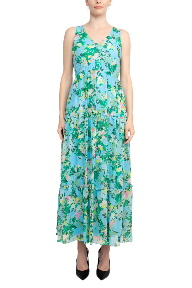 Maison Tara V Neck 3/4 Sleeve Floral Midi Dress with Matching Chiffon Jacket - TURQUOISE MULTI - Without Jacket Front View