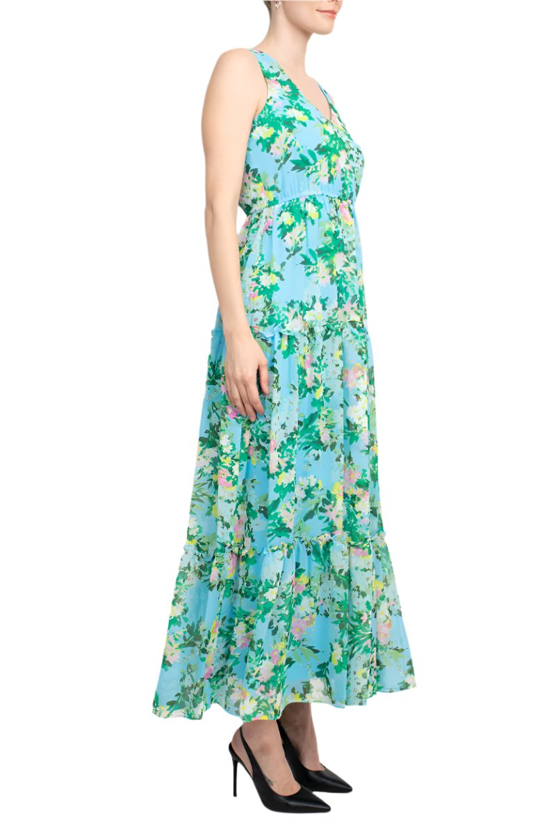 Maison Tara V Neck 3/4 Sleeve Floral Midi Dress with Matching Chiffon Jacket - TURQUOISE MULTI - Without Jacket Side View