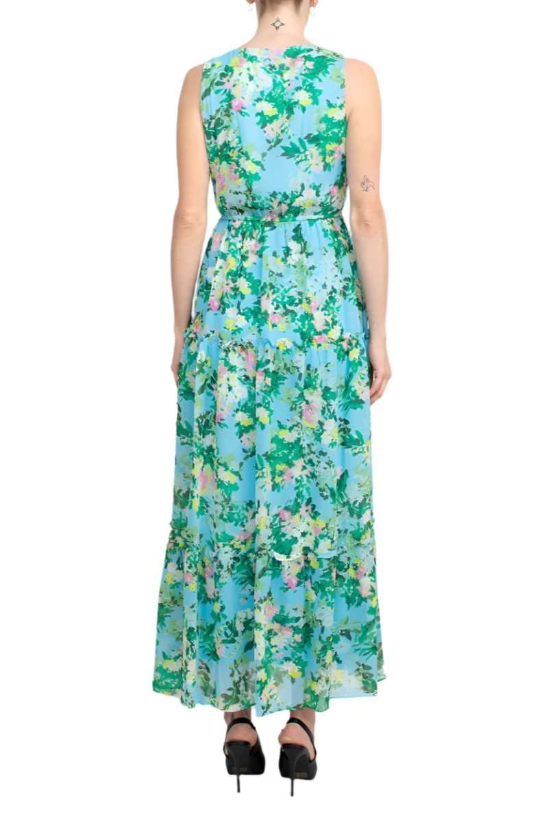 Maison Tara V Neck 3/4 Sleeve Floral Midi Dress with Matching Chiffon Jacket - TURQUOISE MULTI - Without Jacket Back View