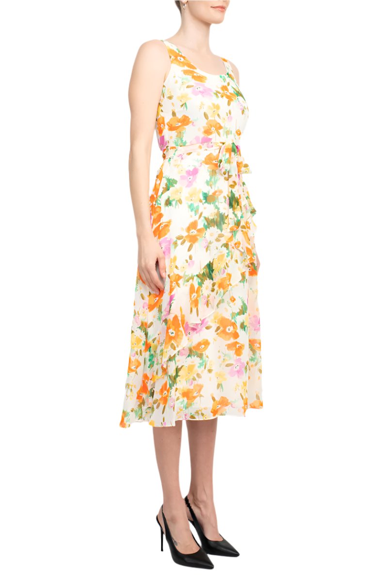 Maison Tara Scoop Neck Back Zipper Sleeveless Floral Midi Dress Matching Chiffon Jacket - IVORY CORAL - SIDE