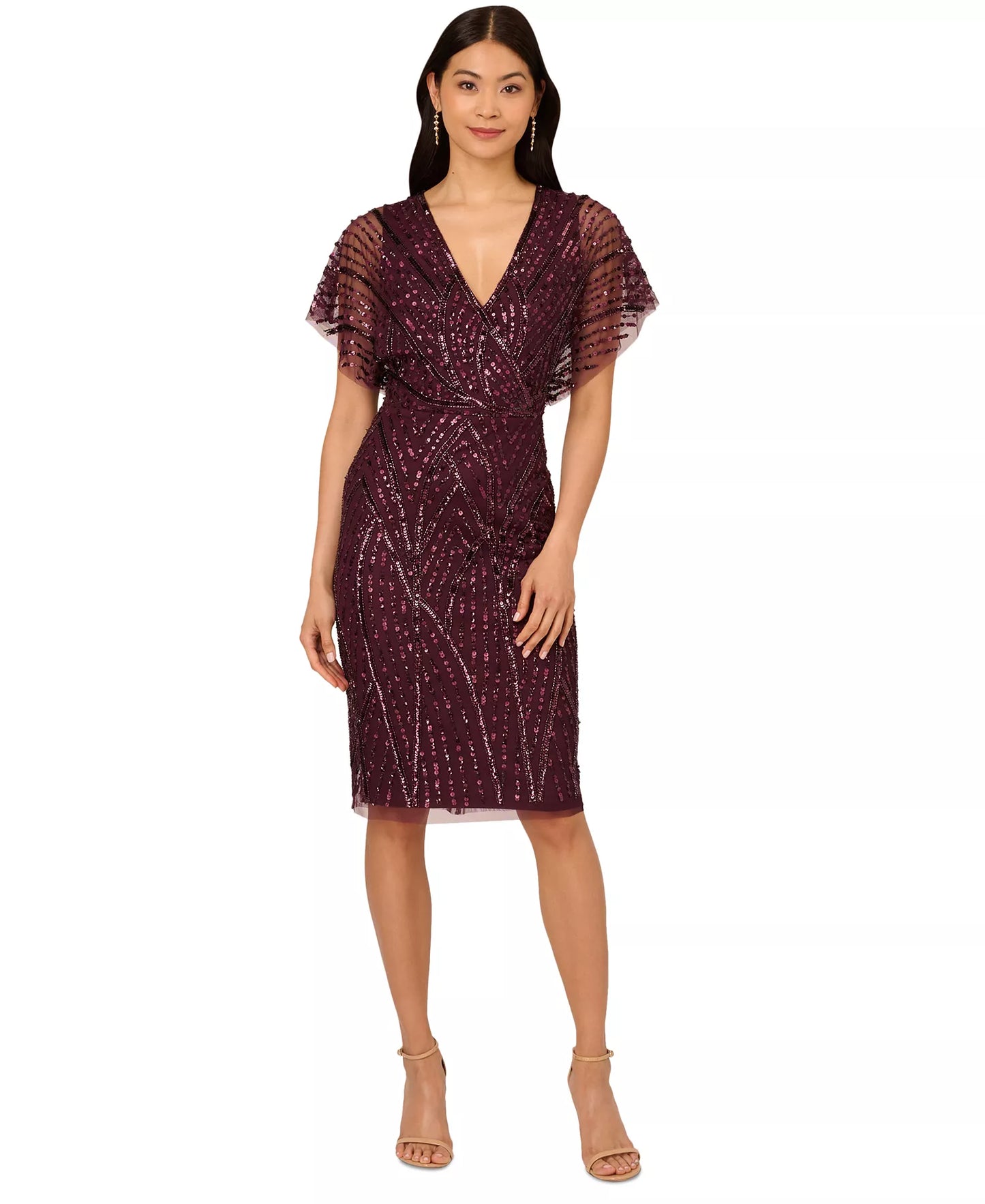 Adrianna Papell AP1E211543 V-Neck Short Sequin Cocktail Dress Flutter Sleeve