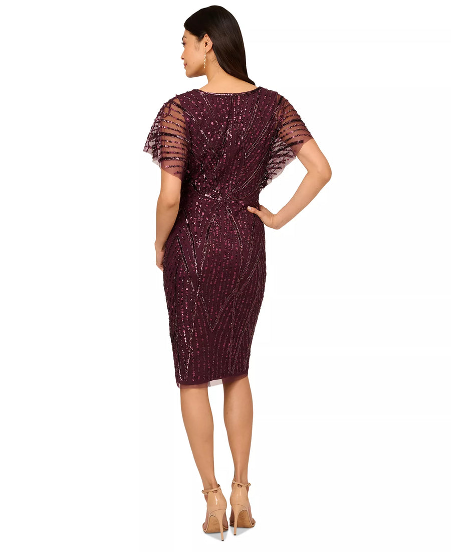 Adrianna Papell AP1E211543 V-Neck Short Sequin Cocktail Dress Flutter Sleeve