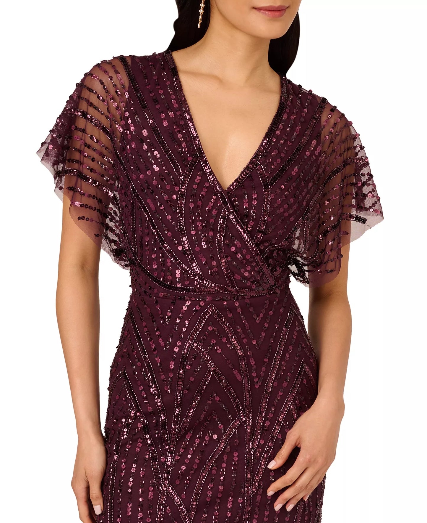 Adrianna Papell AP1E211543 V-Neck Short Sequin Cocktail Dress Flutter Sleeve
