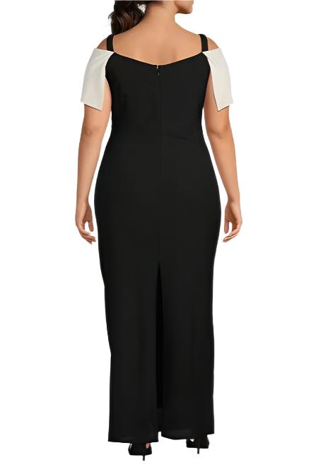 Marina Off-the-Shoulder Short Sleeve Ruched Waist Crepe Sheath Gown (Plus Size) - Wholesale _back