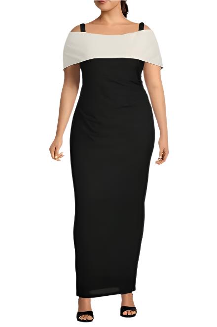 Marina Off-the-Shoulder Short Sleeve Ruched Waist Crepe Sheath Gown (Plus Size) - Wholesale _front