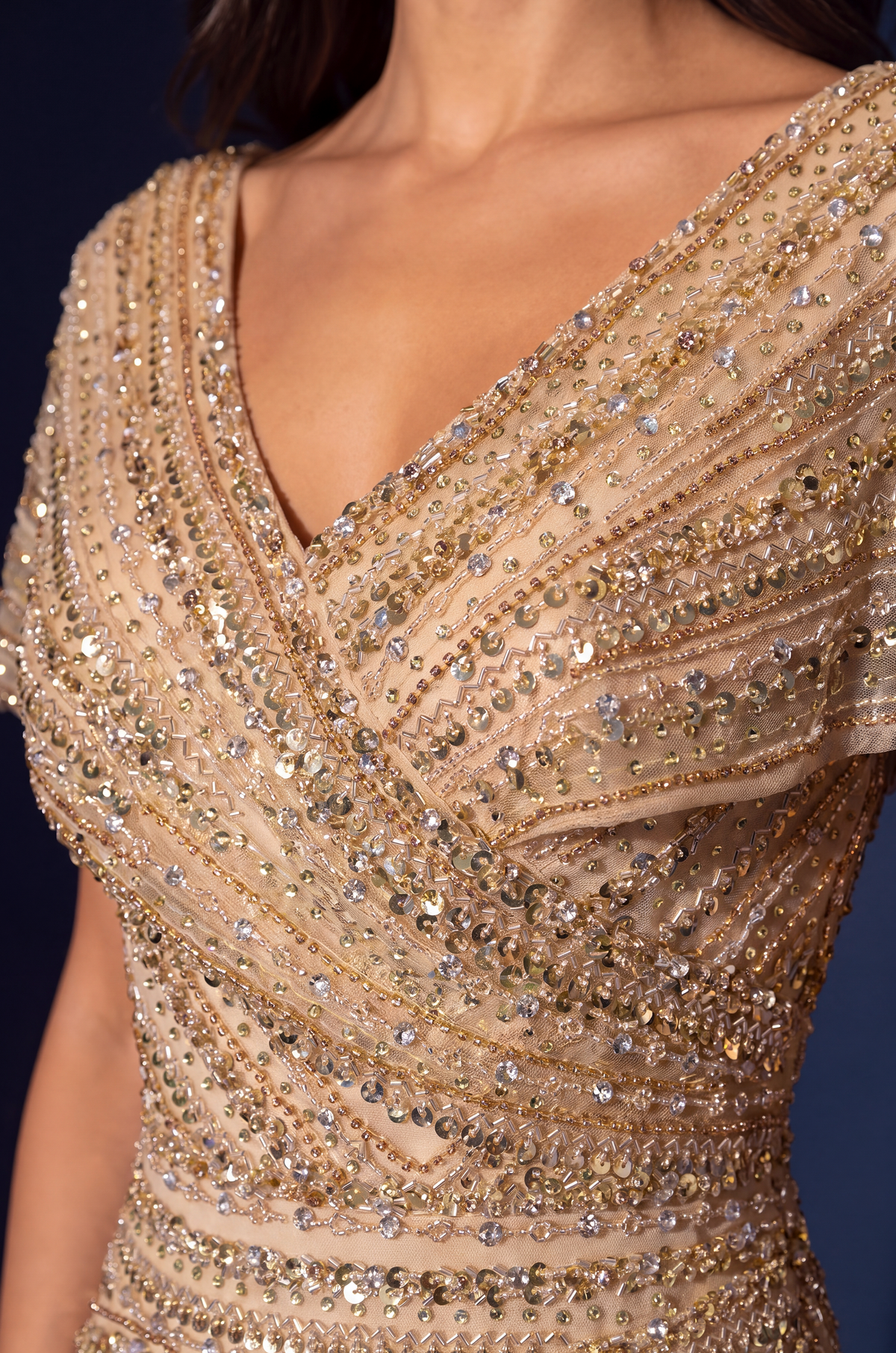 Beaded V-Neck Cap Sleeve Mermaid Gown