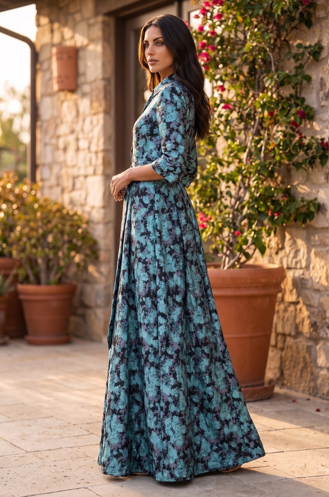 Dark Lilac floral collared long sleeve A-line gown, view 2