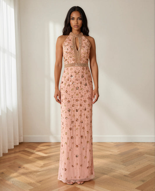 Beaded Plunge Halter Dress Adrianna Papell AP1E212713