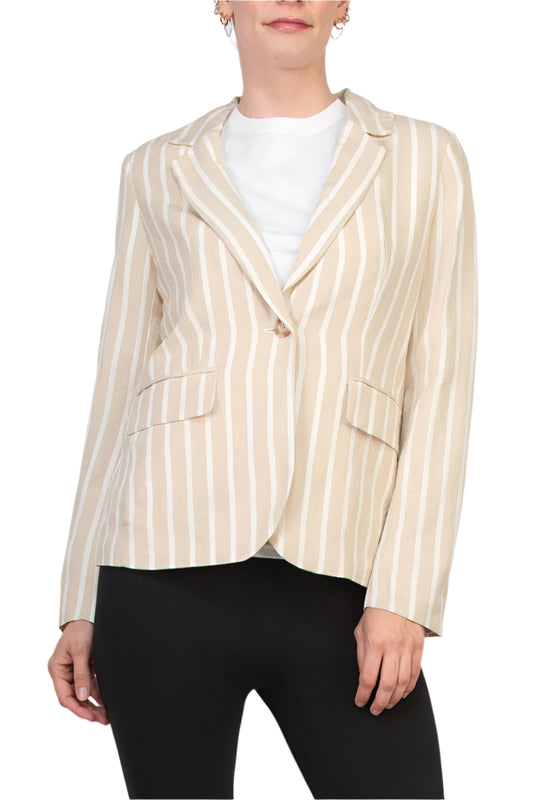 Philosophy One Button Closure Stripe Pattern Notched Collar Long Sleeve Linen Cotton Blend Blazer - TAN STRIPE - FRONT VIEW
