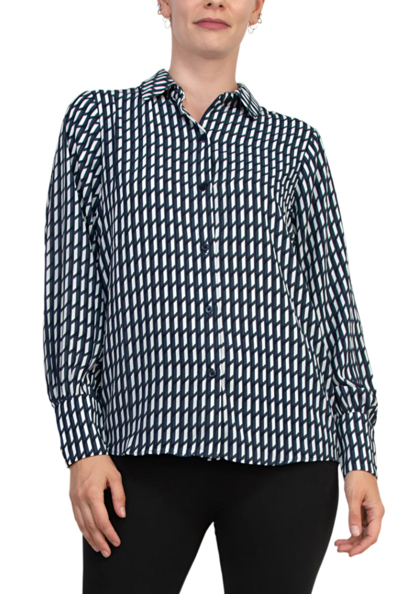 Grace Geometric Diagonal Stripes Collared Neckline Buttoned Cuffs Top Blouse Dress - NAVY WHITE - Front View