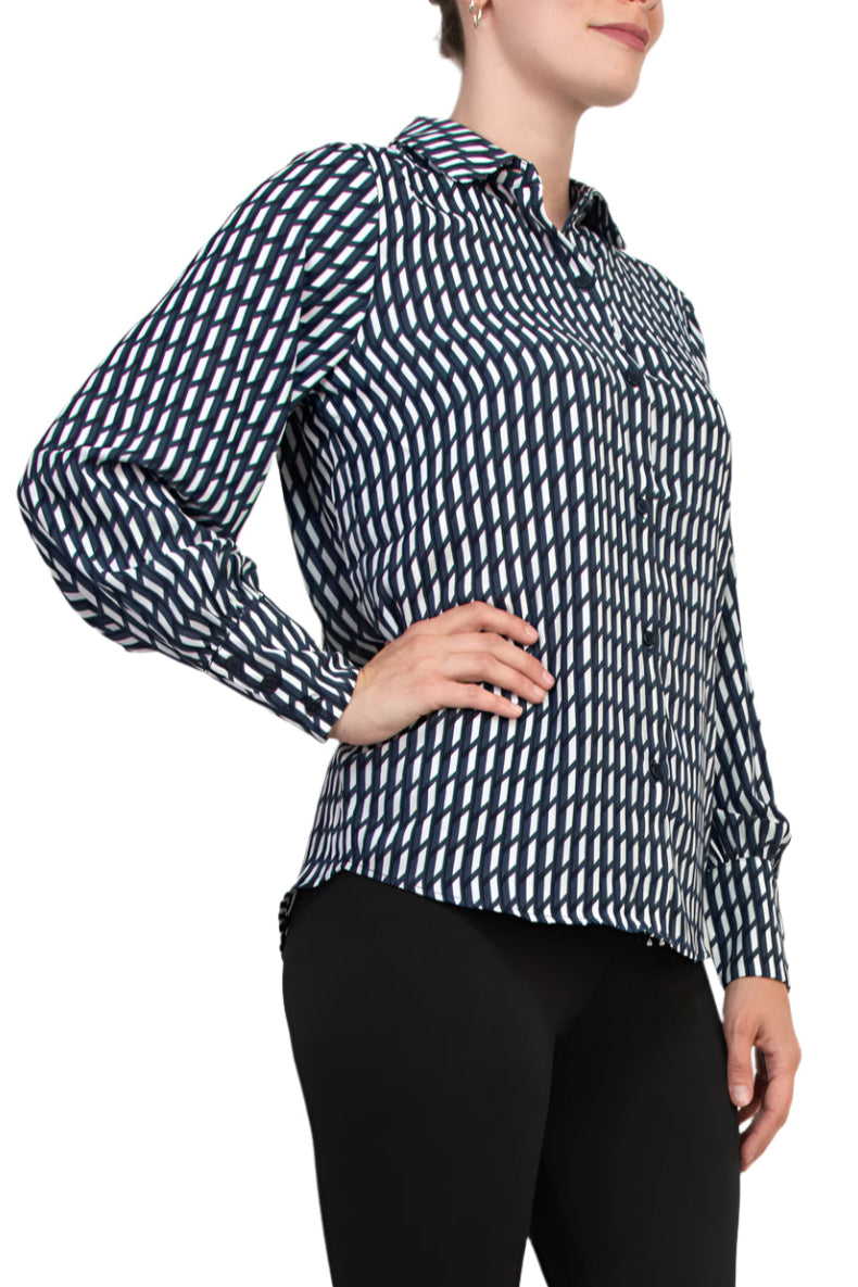 Grace Geometric Diagonal Stripes Collared Neckline Buttoned Cuffs Top Blouse Dress - NAVY WHITE - Side