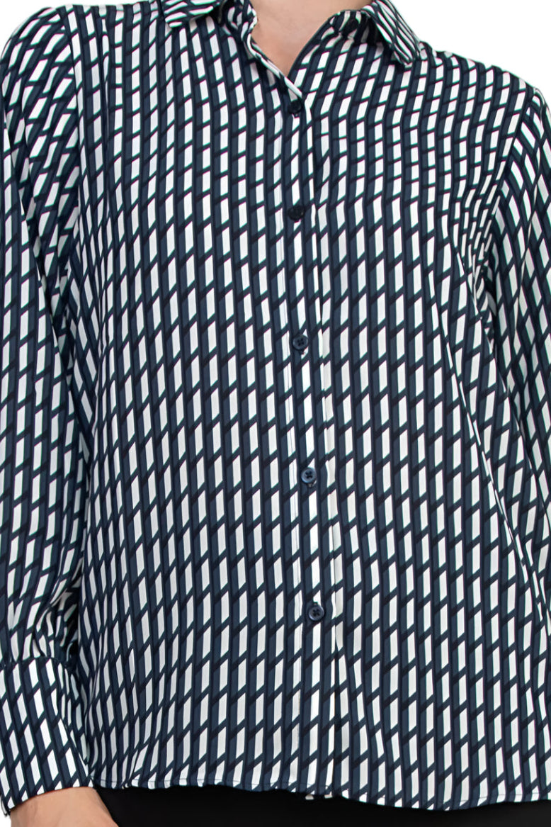 Grace Geometric Diagonal Stripes Collared Neckline Buttoned Cuffs Top Blouse Dress - NAVY WHITE - Fabric