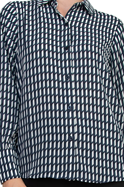 Grace Geometric Diagonal Stripes Collared Neckline Buttoned Cuffs Top Blouse Dress - NAVY WHITE - Fabric
