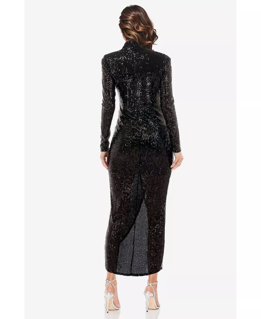 Black High Neck Floor-Length Sequin Formal Dress Long Sleeves and Front Slit One 33 Social MK5014