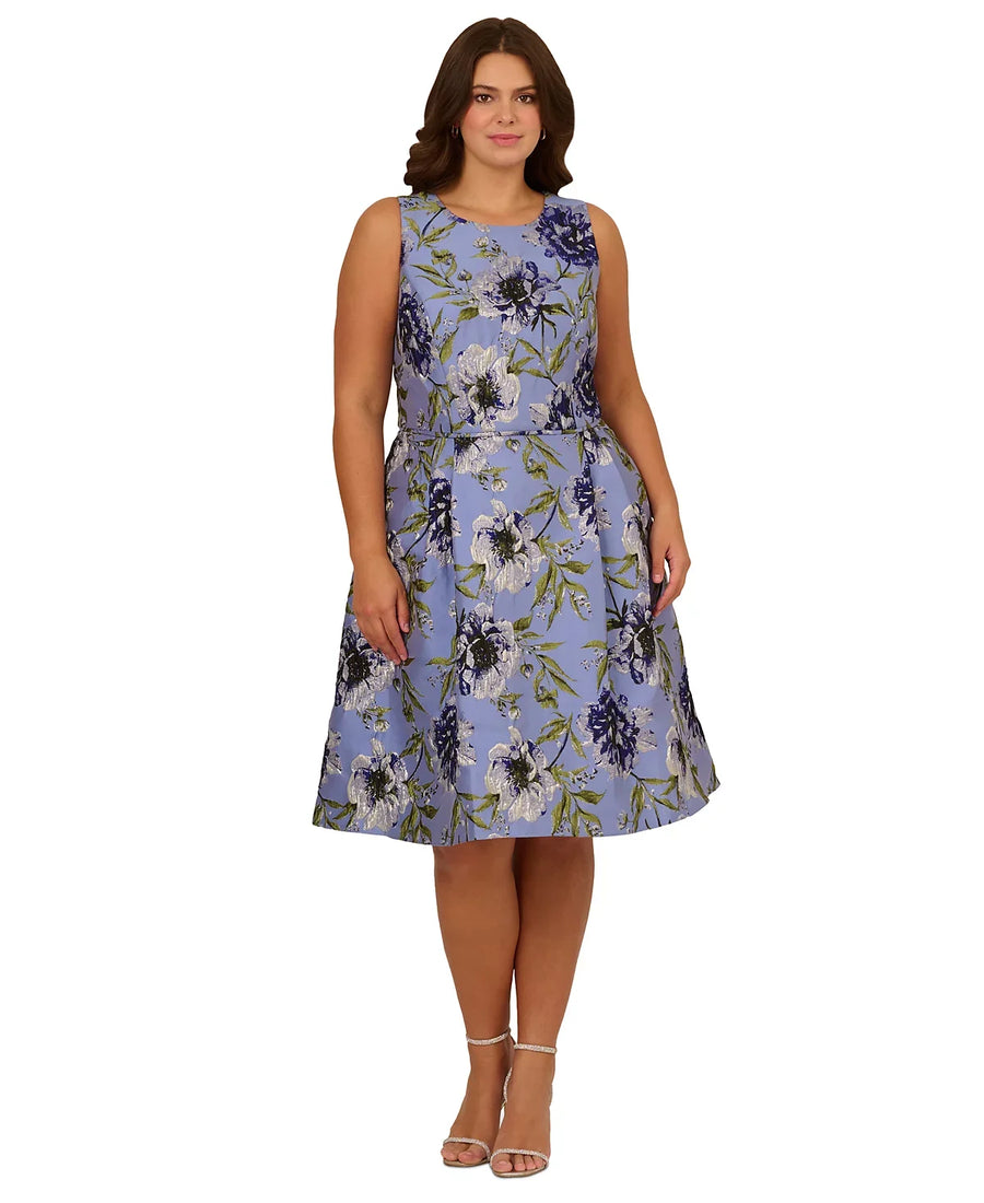 Adrianna Papell AP1D105646 Bateau Knee-Length Jacquard Cocktail Dress Floral