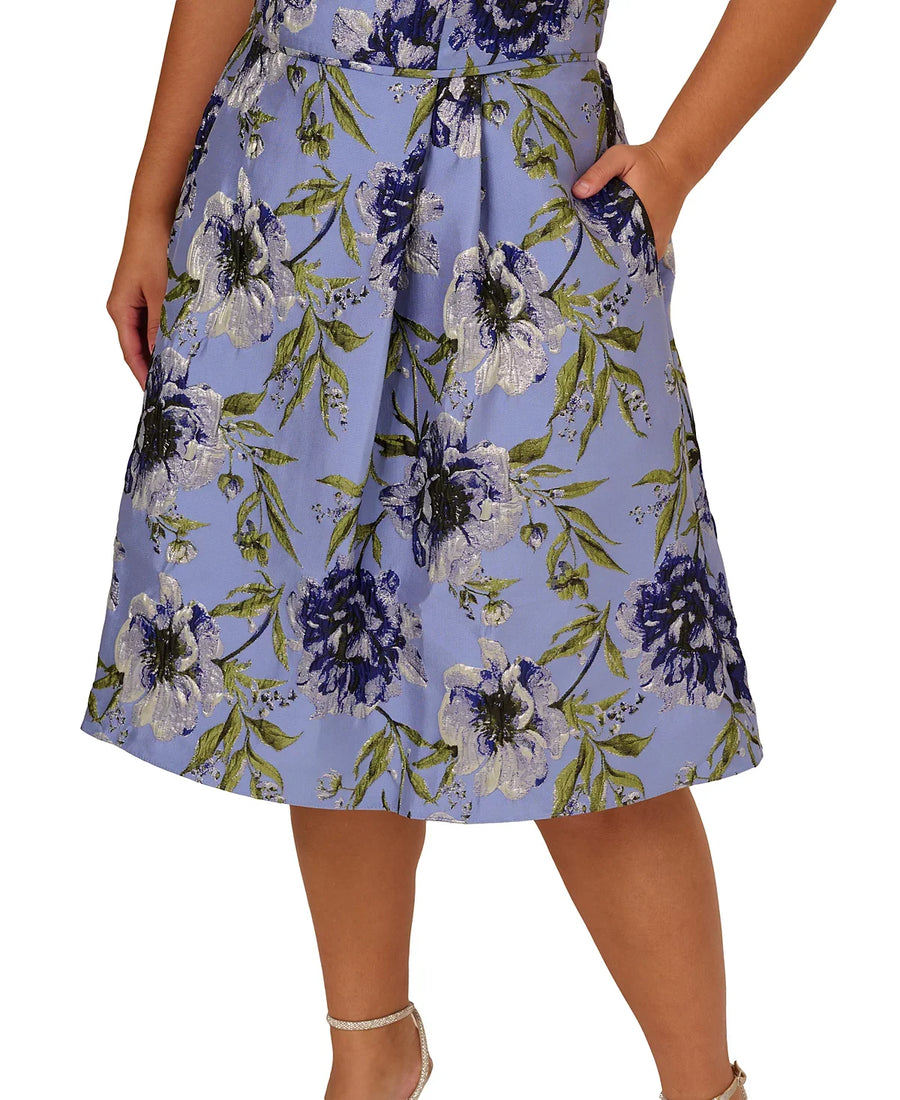 Adrianna Papell AP1D105646 Bateau Knee-Length Jacquard Cocktail Dress Floral