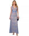 Periwinkle V-Neck Floor-Length Lace Formal Sheath Dress Applique Detail Adrianna Papell AP1E211880