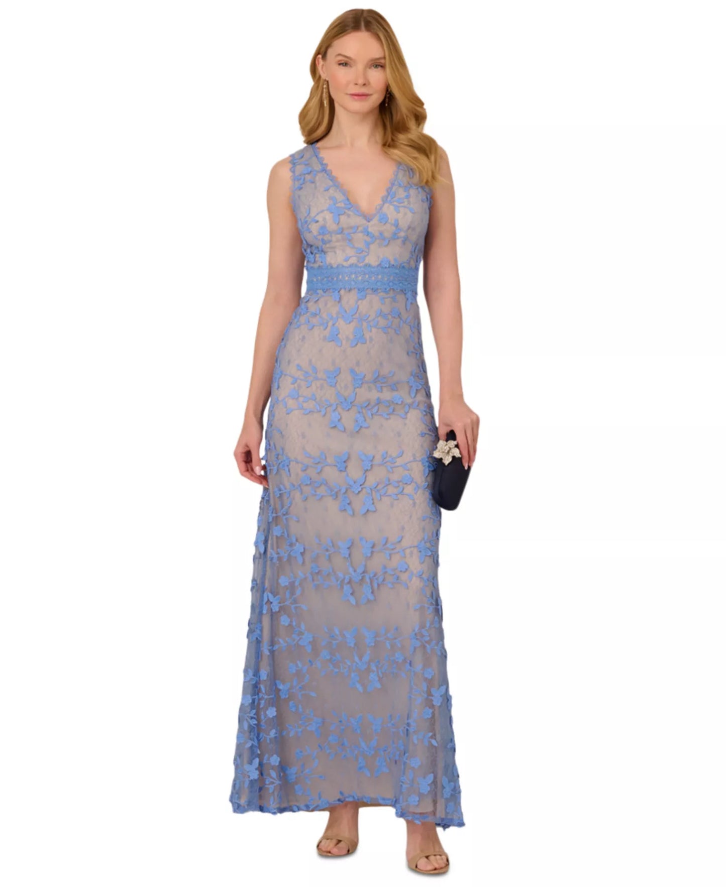 Periwinkle V-Neck Floor-Length Lace Formal Sheath Dress Applique Detail Adrianna Papell AP1E211880