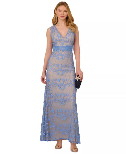 V-Neck Floor-Length Lace Formal Sheath/Column Adrianna Papell AP1E211880