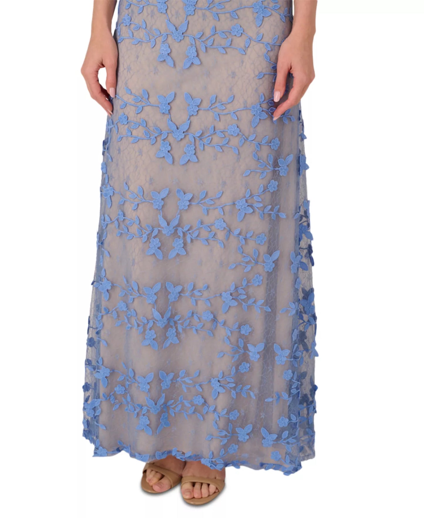 Periwinkle V-Neck Floor-Length Lace Formal Sheath Dress Applique Detail Adrianna Papell AP1E211880