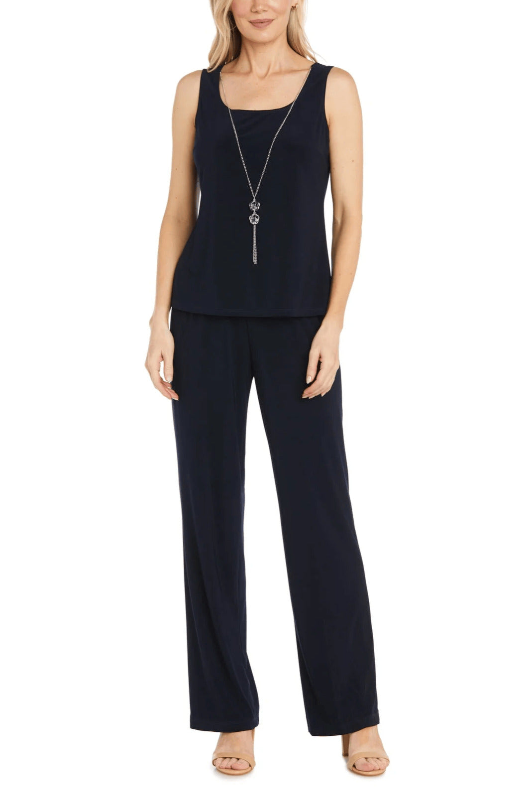 R&M Richards Round Neckline Sleeveless Top Floral Embroidered Three-Quarter Sleeves Jacket Relaxed Formal Pants Suit Dress (Plus Size)