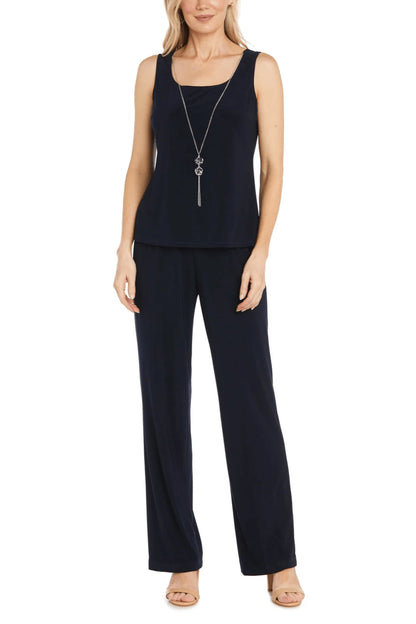 R&M Richards Round Neckline Sleeveless Top Floral Embroidered Three-Quarter Sleeves Jacket Relaxed Formal Pants Suit Dress (Plus Size)