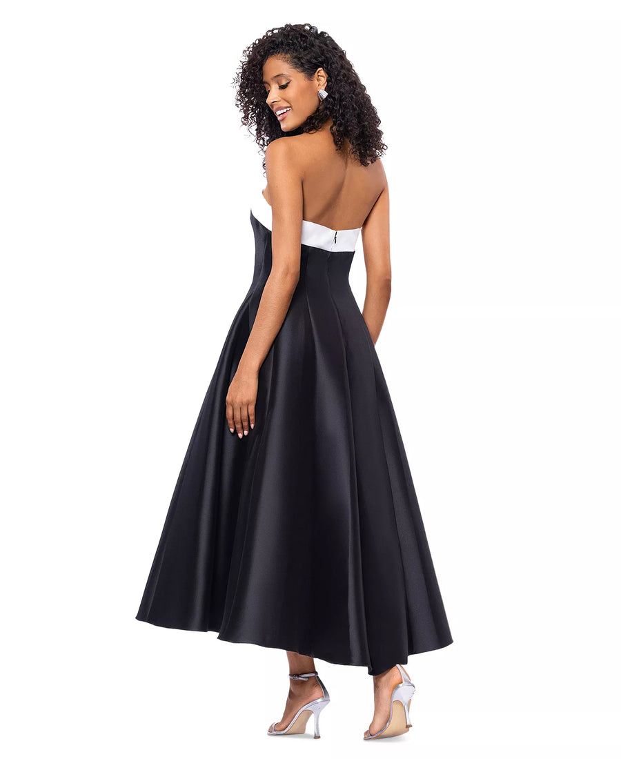 Strapless Straight Neck Tea-Length Satin Formal A-Line Betsy & Adam A27115