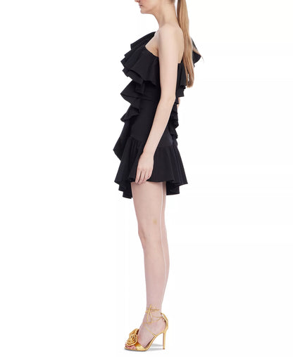 Black One-Shoulder Mini Scuba Cocktail Ruffled Sheath Dress Jewel Badgley Mischka J0103