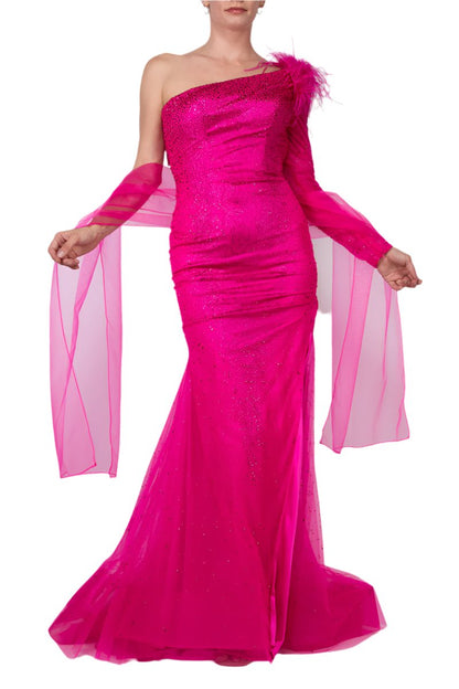 Colors Dress One Shoulder Mesh Long Sleeve and Feathers Mermaid Gown