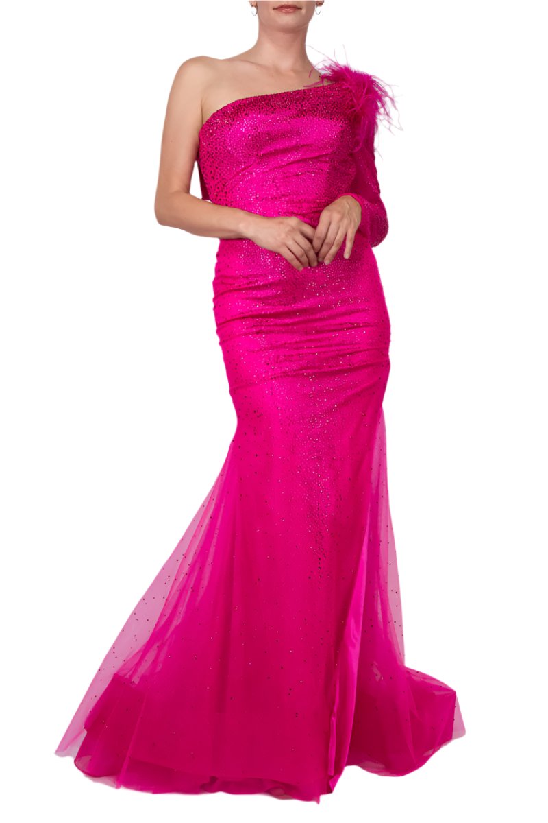 Colors Dress One Shoulder Mesh Long Sleeve and Feathers Mermaid Gown