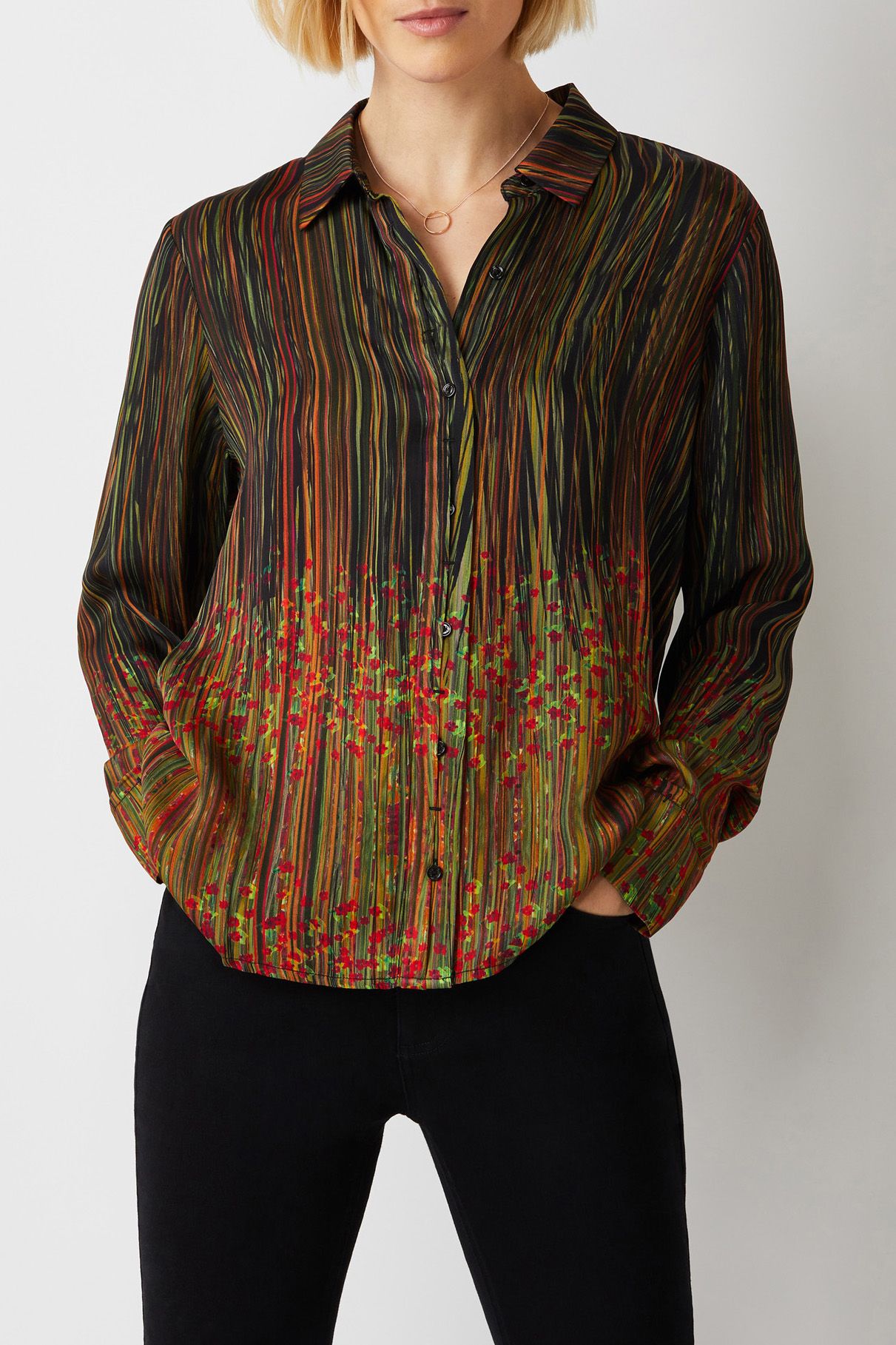 Ecru Designs Collared V-Neck Long Sleeve Multi Print Viscose Top