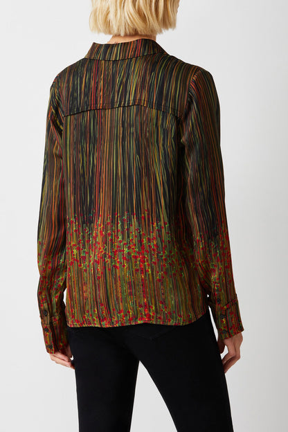 Ecru Designs Collared V-Neck Long Sleeve Multi Print Viscose Top