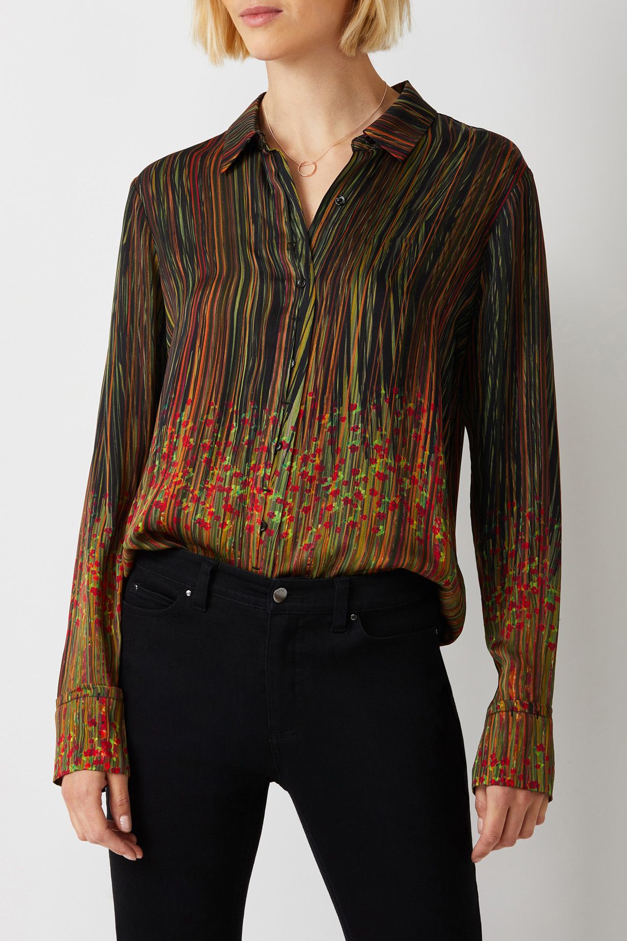 Ecru Designs Collared V-Neck Long Sleeve Multi Print Viscose Top