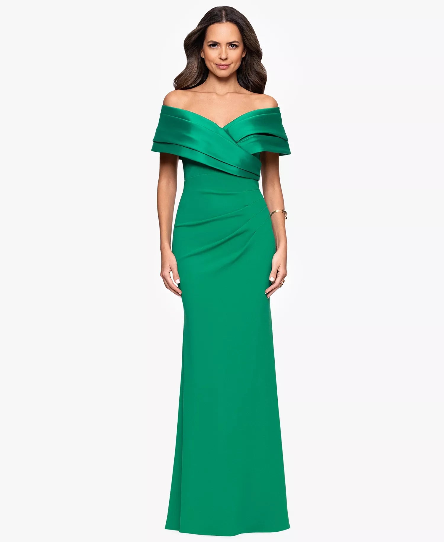 Off-the-Shoulder Floor-Length Satin Evening Gown Sheath/Column Betsy & Adam A25197P