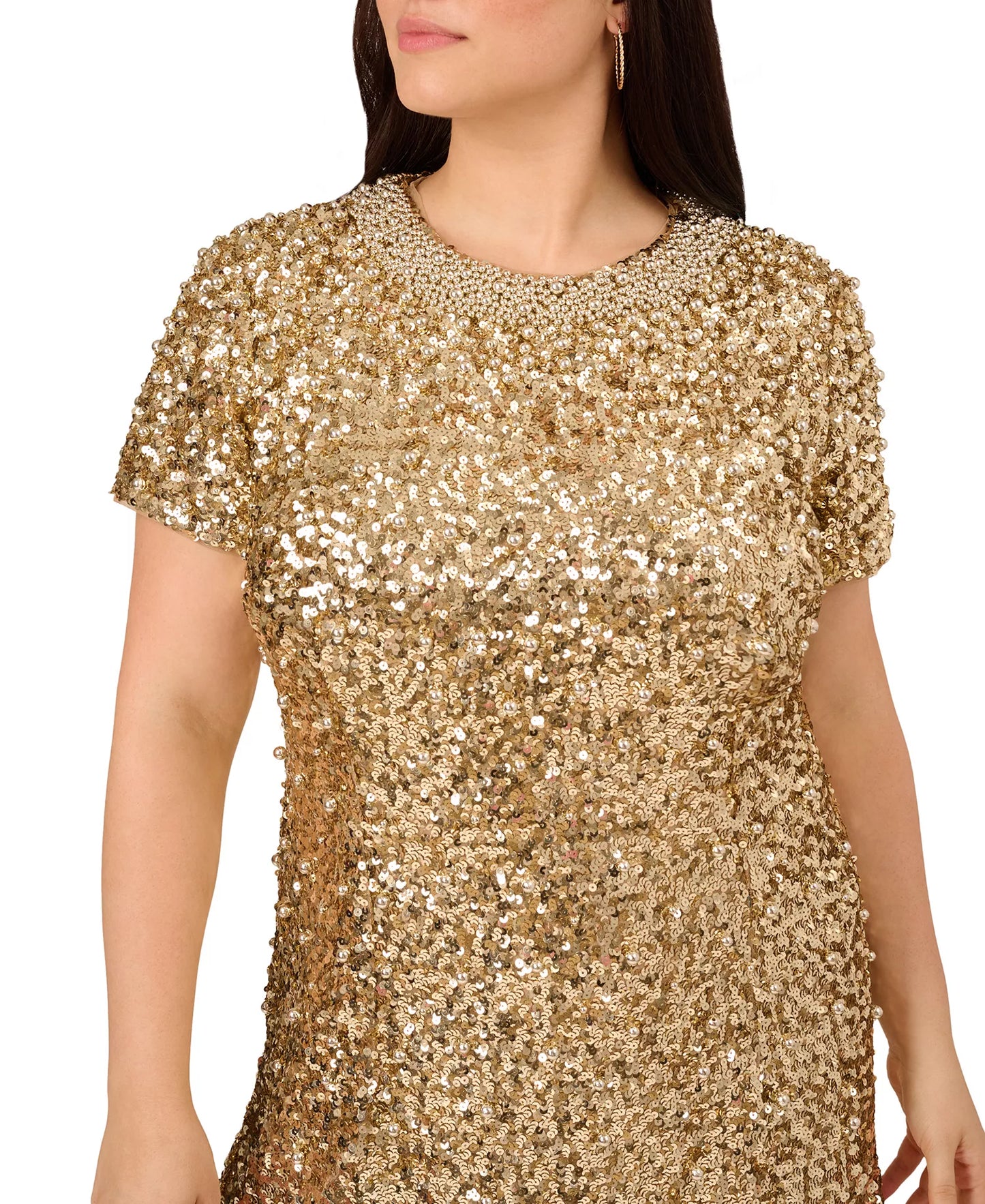 Beaded Short Sleeve Plus Size Sheath Cocktail Dress Adrianna Papell ADAE211627
