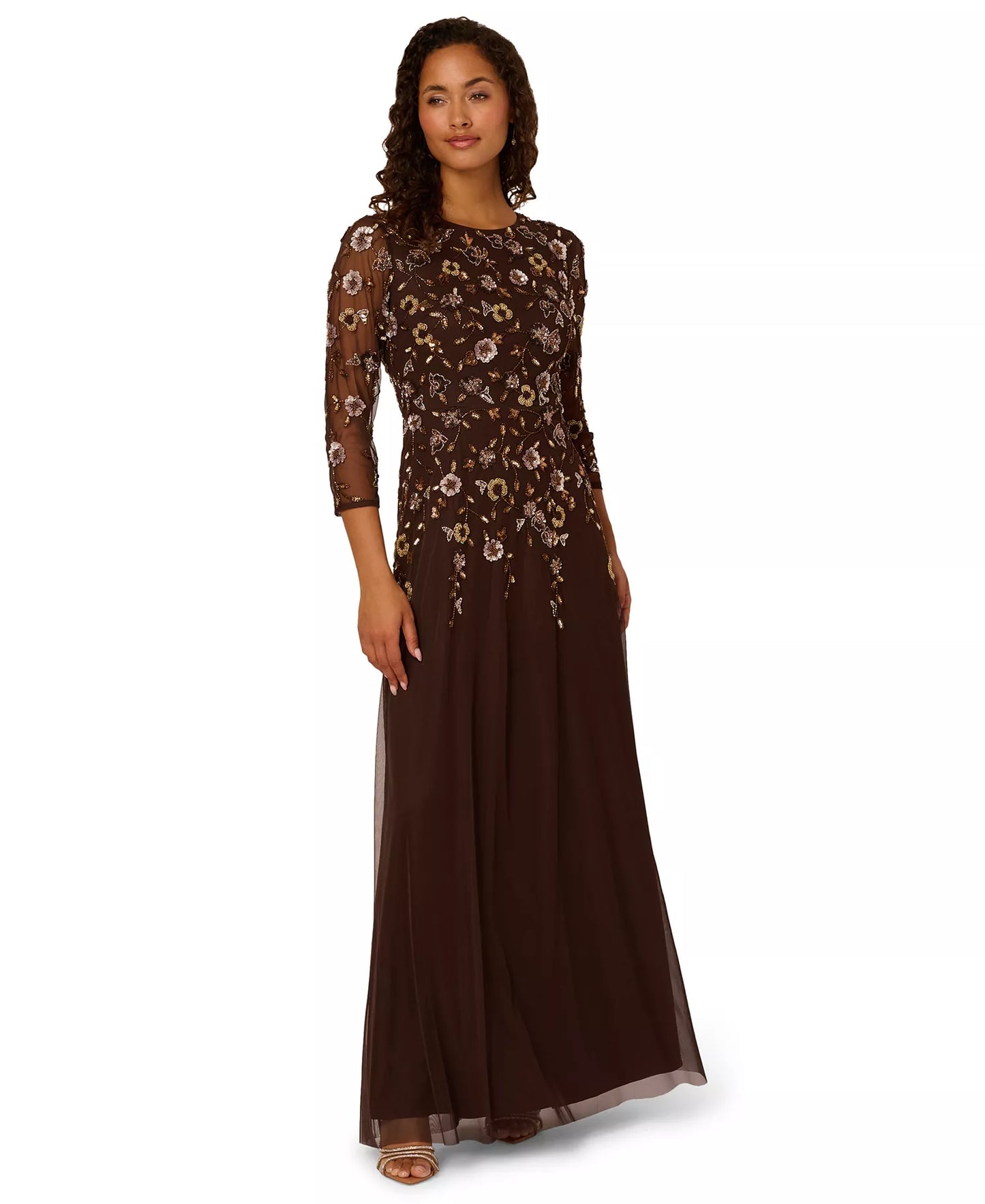 Plus Size Dresses Crew Neck Floor-Length Mesh Formal A-Line Gown 3/4 Sleeves Adrianna Papell AD5E212393W Chocolate
