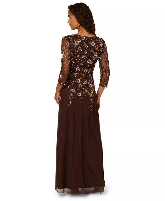 Plus Size Dresses Crew Neck Floor-Length Mesh Formal A-Line Gown 3/4 Sleeves Adrianna Papell AD5E212393W Chocolate