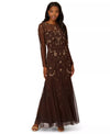Crew-Neck Floor-Length Mesh Formal Dress with Long Sleeves and Gold Embroidery Adrianna Papell AD5E212393
