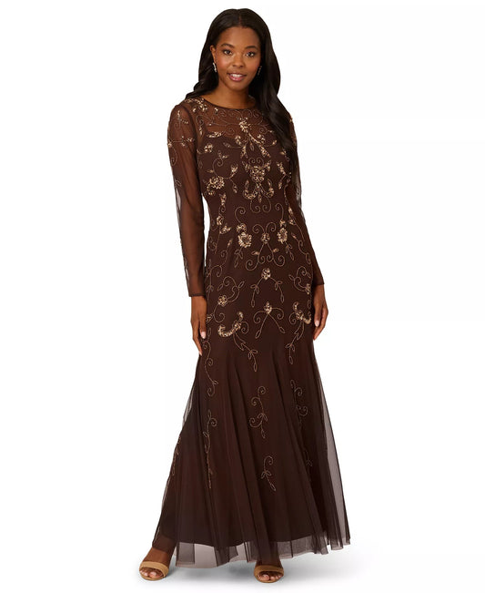 Crew-Neck Floor-Length Mesh Formal Dress with Long Sleeves and Gold Embroidery Adrianna Papell AD5E212393