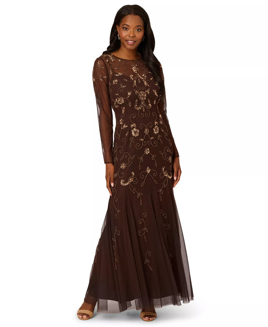 Chocolate Crew-Neck Floor-Length Mesh Formal Dress with Long Sleeves and Gold Embroidery Adrianna Papell AD5E212393