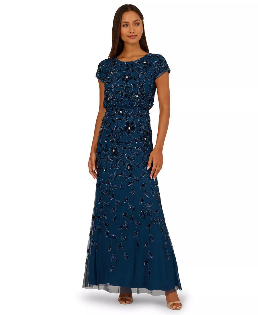 Deep Blue Bateau Floor-Length Mesh Formal A-Line Gown Beaded Floral Embroidery Adrianna Papell AP1E211724