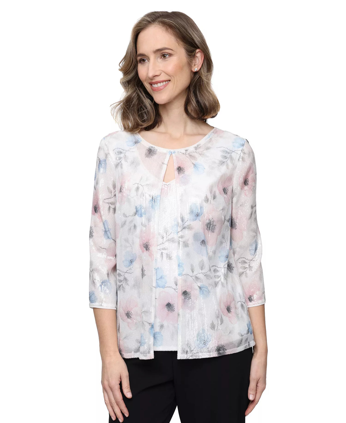 Wholesale 3/4 Sleeve Printed Sequin Mock Twinset with Attached Jacket Alex Evenings 82961034