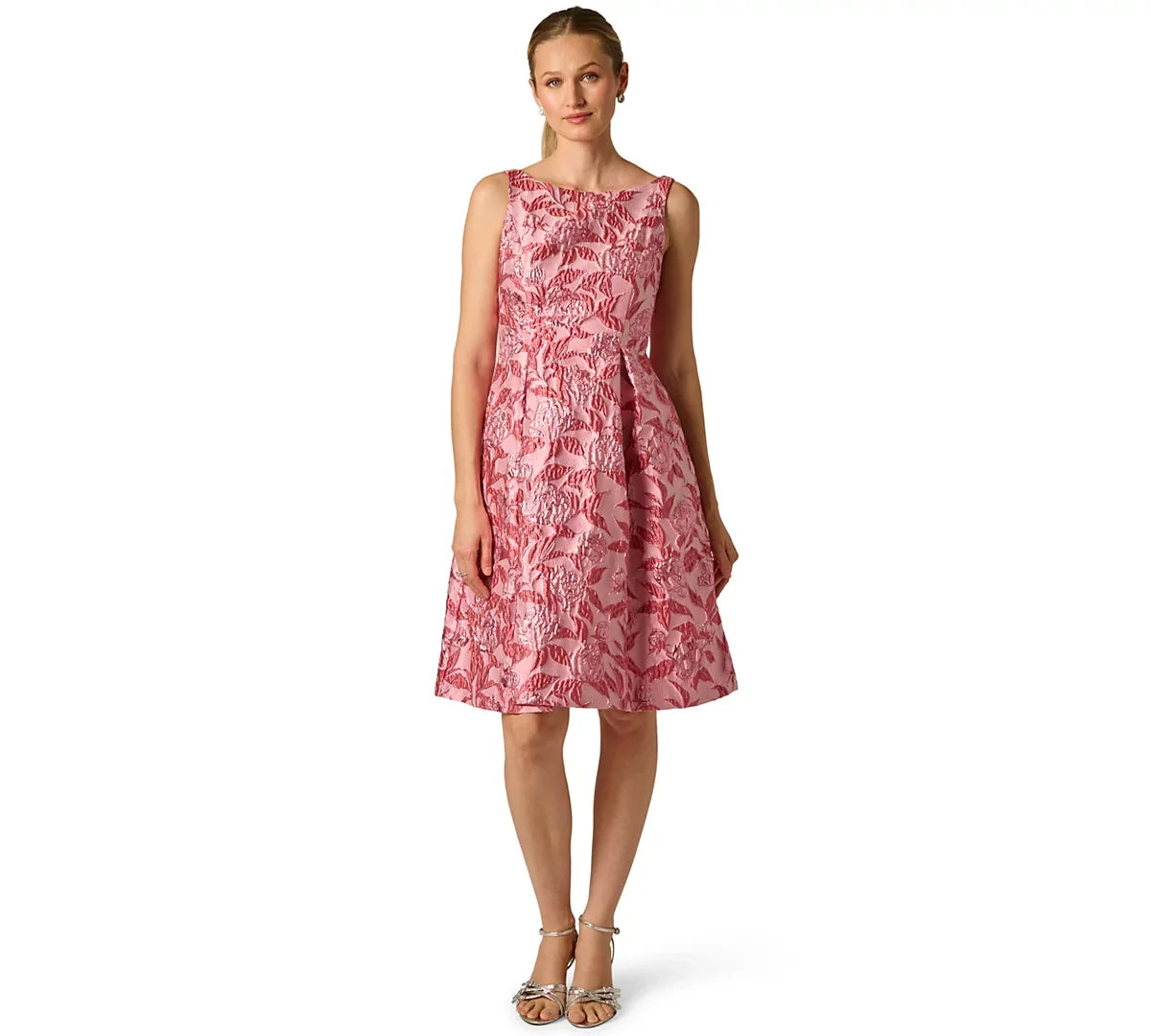 Adrianna Papell AP1E213255 Bateau Knee-Length Jacquard Cocktail Dress Metallic