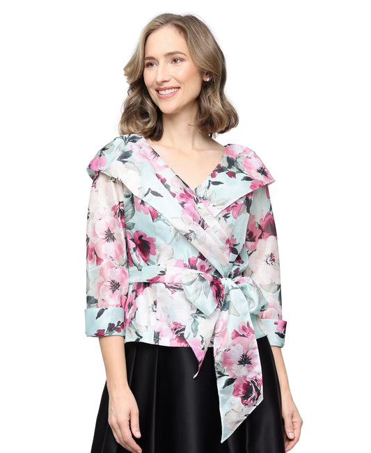 Wholesale Three-Quarter Sleeve Sleeve Yoryu Portrait Collar Blouse with Illusion Cuff Sleeves and Tie Waist Alex Evenings 8292032