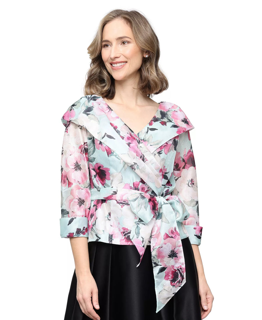 Wholesale Three-Quarter Sleeve Sleeve Yoryu Portrait Collar Blouse with Illusion Cuff Sleeves and Tie Waist Alex Evenings 8292032