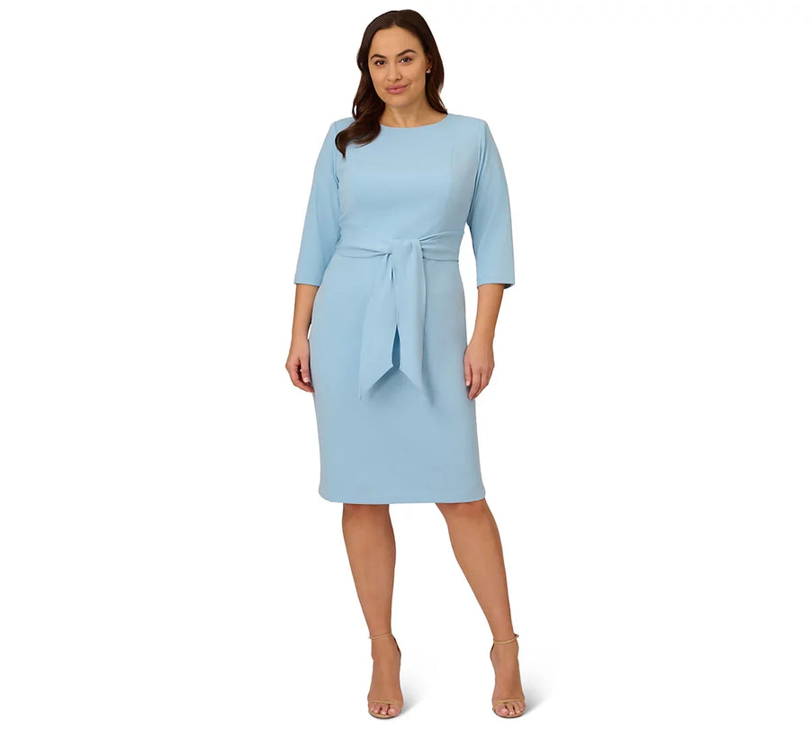 Adrianna Papell Plus Size AP1D103175 Crew-Neck Knee-Length Crepe Cocktail Dress Tie