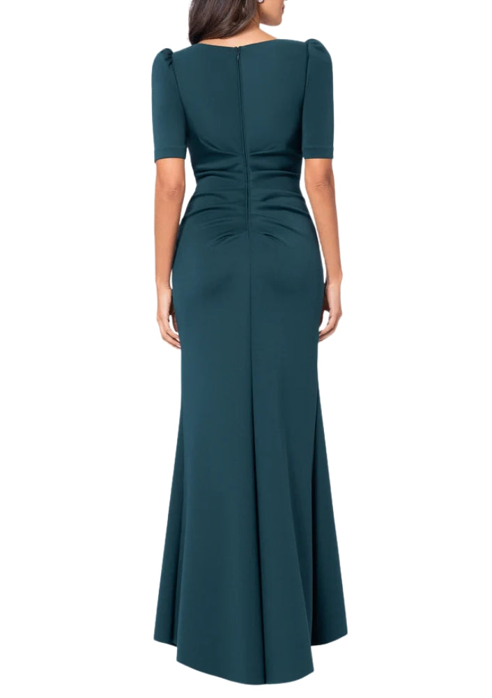 XScape Demi Boat Neckline Short Set-In Sleeves Back Zipper Side Ruffle Detail Long Dress - HUNTER - Back