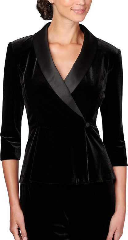 Alex Evenings Velvet Blouse with Modified Peplum - BLACK - Front